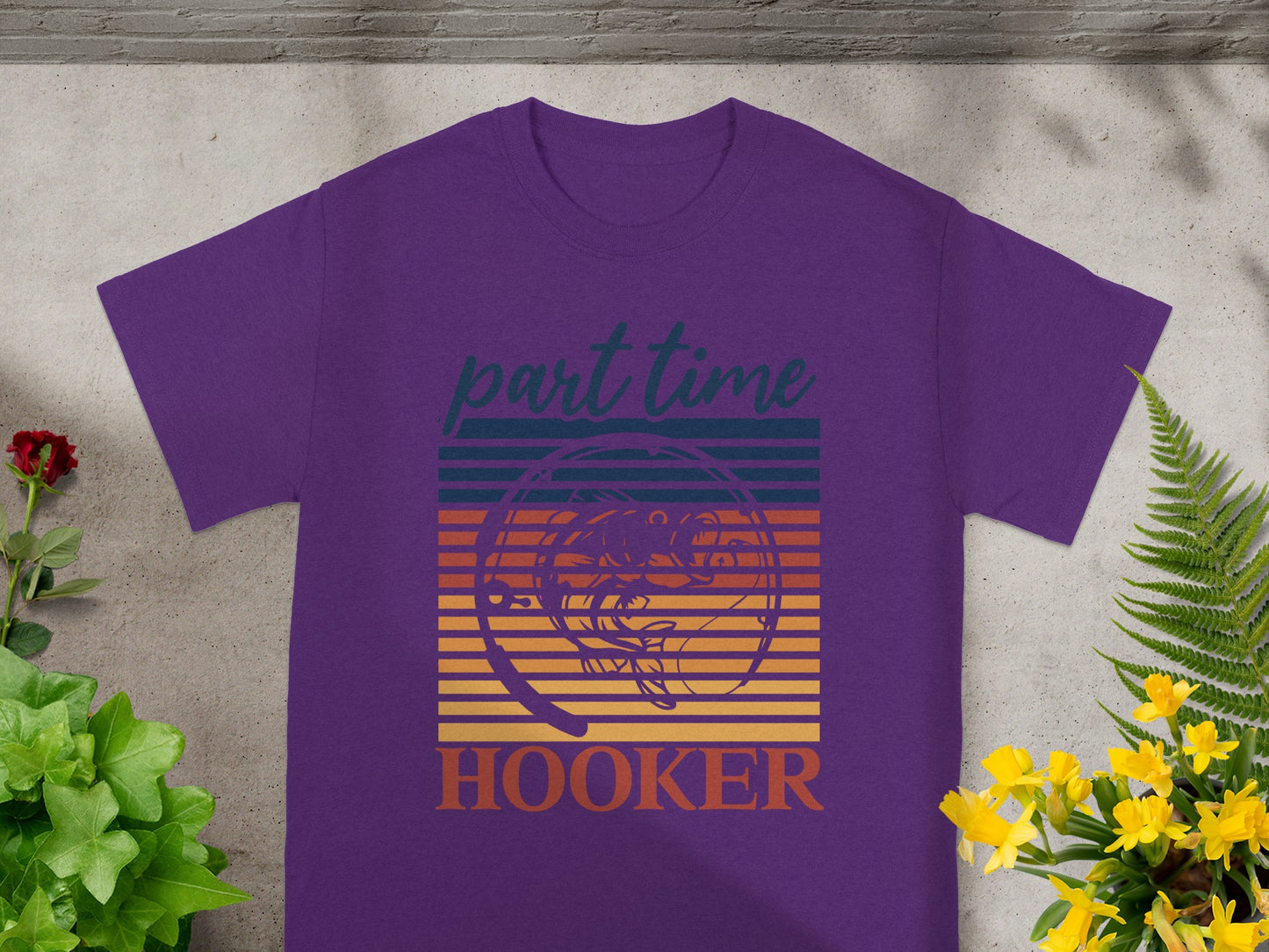Purple t-shirt with "part time HOOKER" text and a fishing lure graphic.