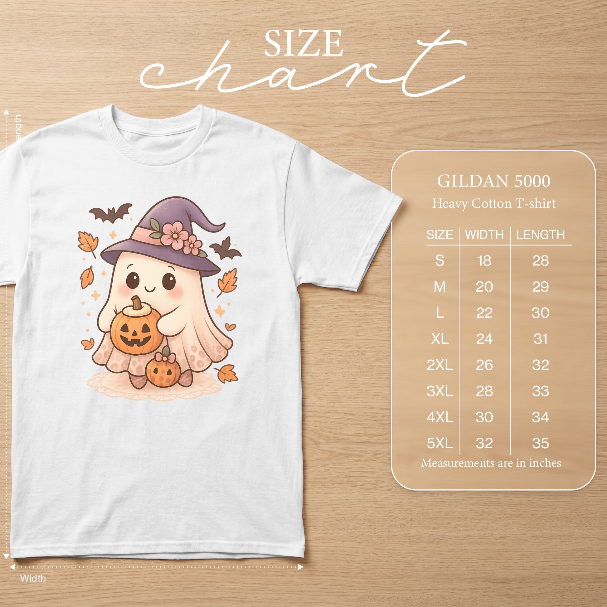 White Gildan 5000 t-shirt with cute ghost holding pumpkins and size chart.