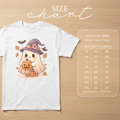 White Gildan 5000 t-shirt with cute ghost holding pumpkins and size chart.