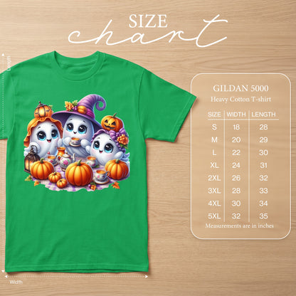 Green t-shirt with Halloween ghosts, pumpkins, and tea set graphic. Size chart included.