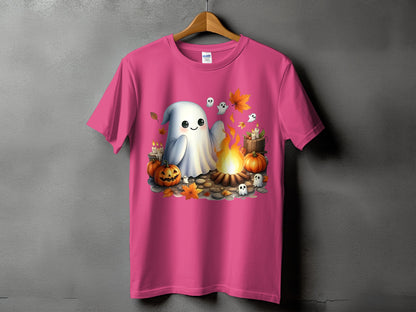Pink t-shirt with a Halloween ghost, pumpkins, and campfire graphic.