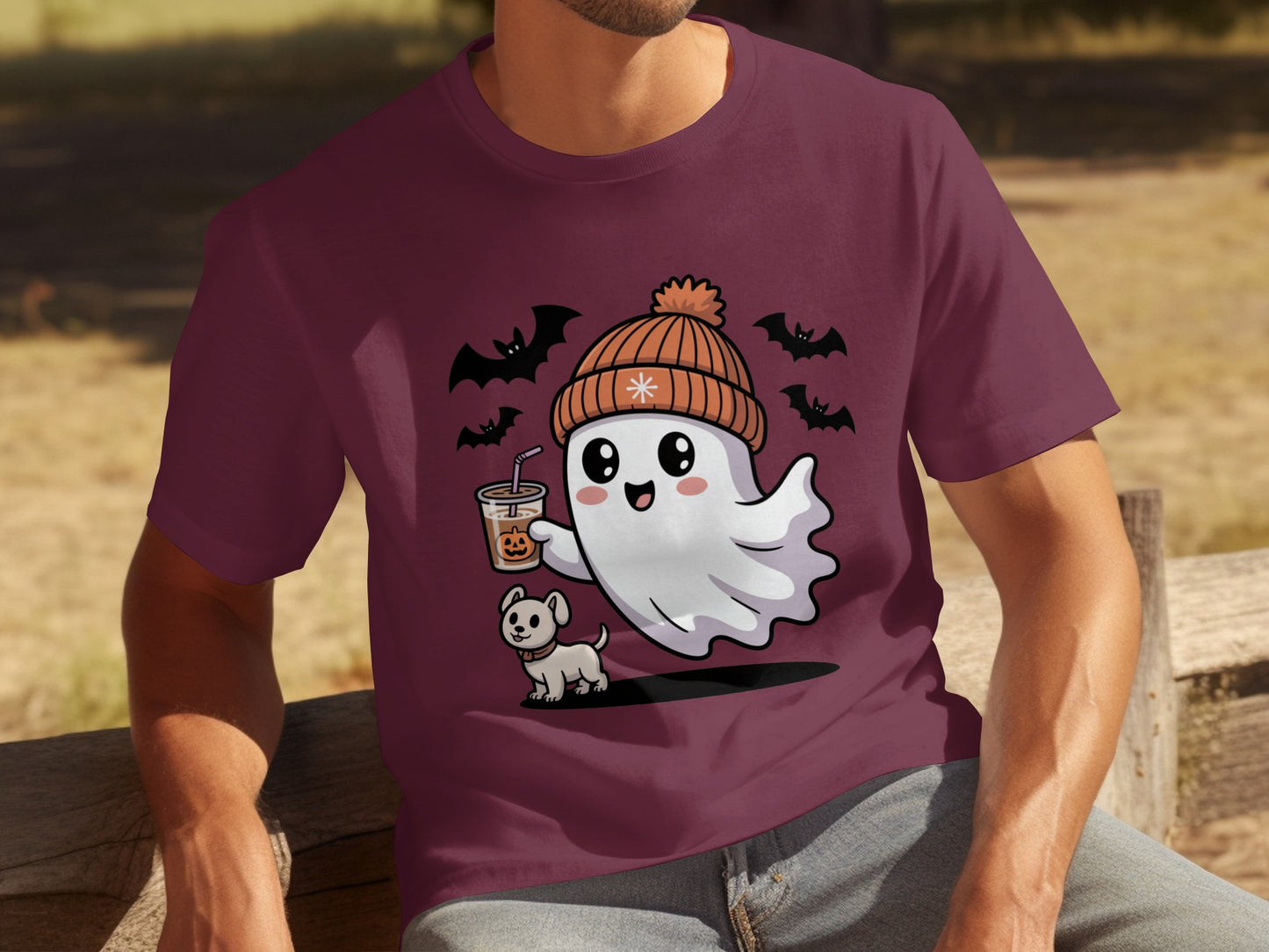 Halloween Ghost with Hat Cute Dog Bat Graphic T-shirt