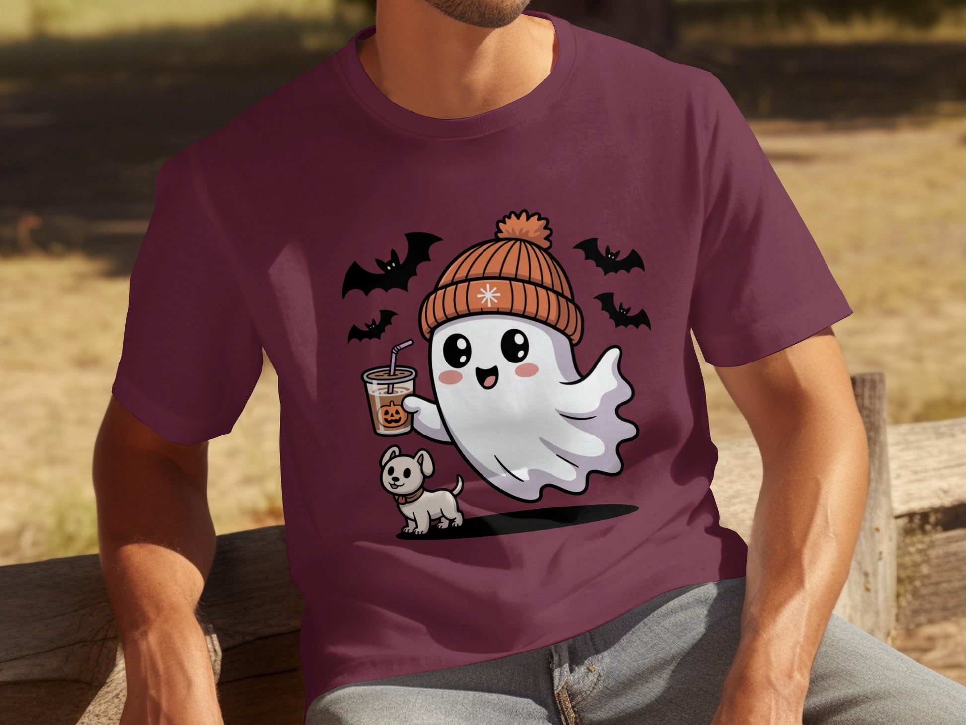 Halloween Ghost with Hat Cute Dog Bat Graphic T-shirt