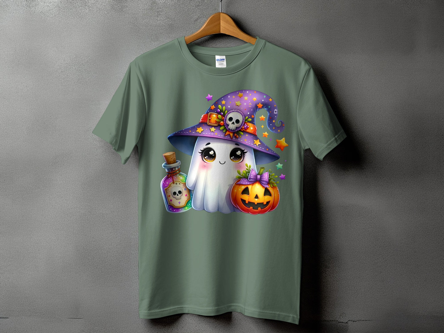 Ghost with witch hat, potion, and pumpkin Halloween graphic on a t-shirt.
