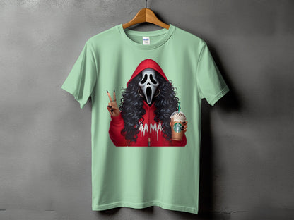 Ghostface character wearing red hoodie, holding coffee and making peace sign.