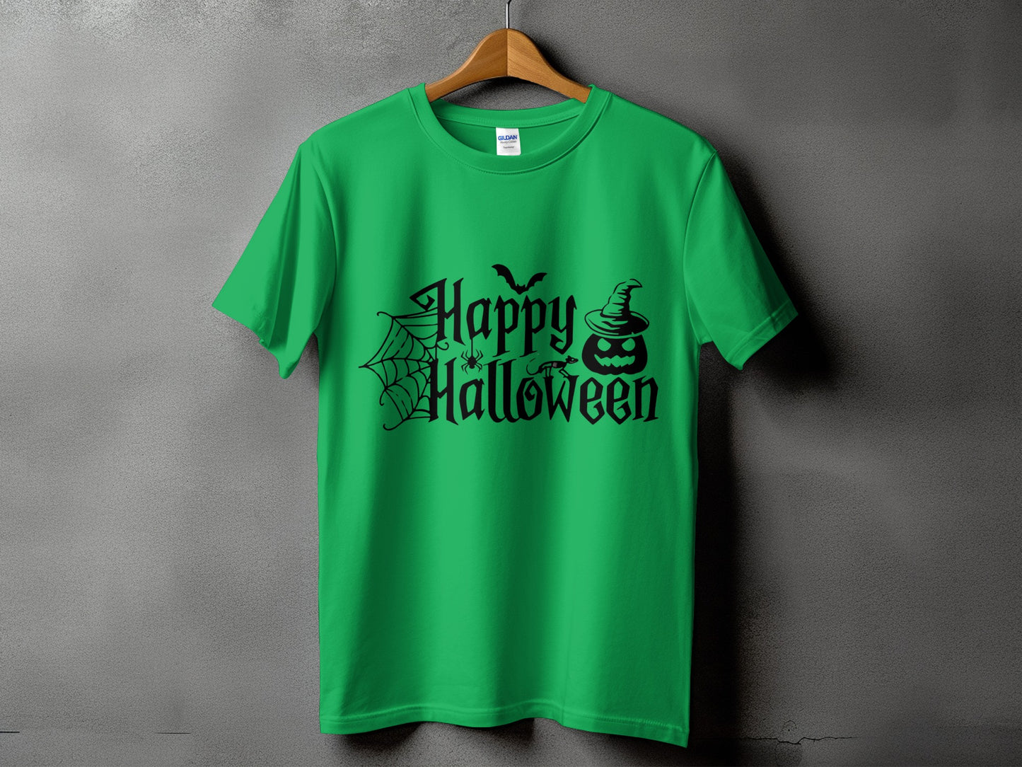 Green t-shirt with black "Happy Halloween" text and graphics.