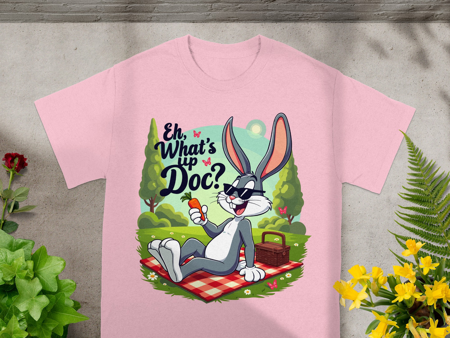 Pink t-shirt featuring Bugs Bunny in sunglasses with "Eh, What's up Doc?" text.