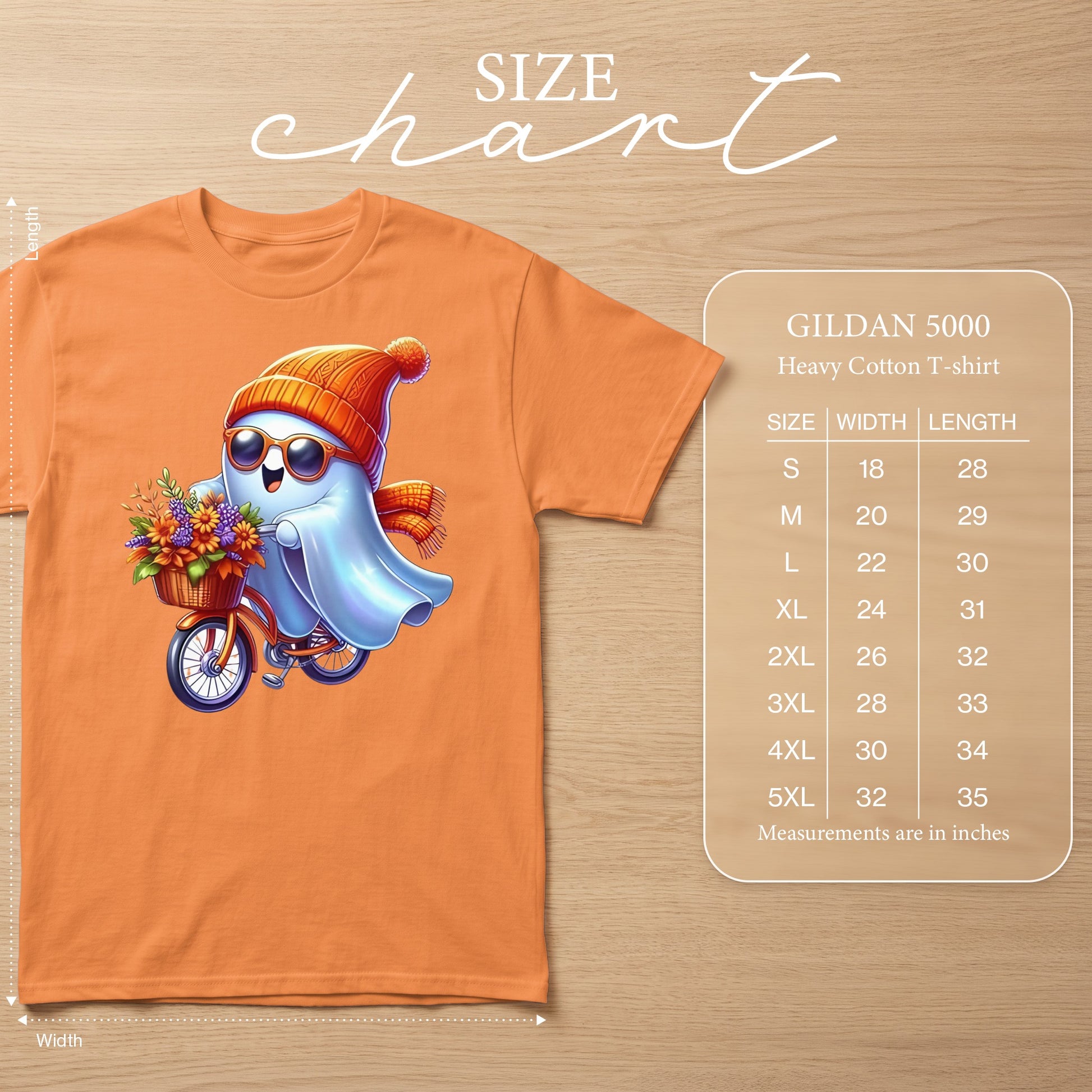 Orange t-shirt with a cartoon ghost riding a bicycle with a flower basket. Includes size chart.