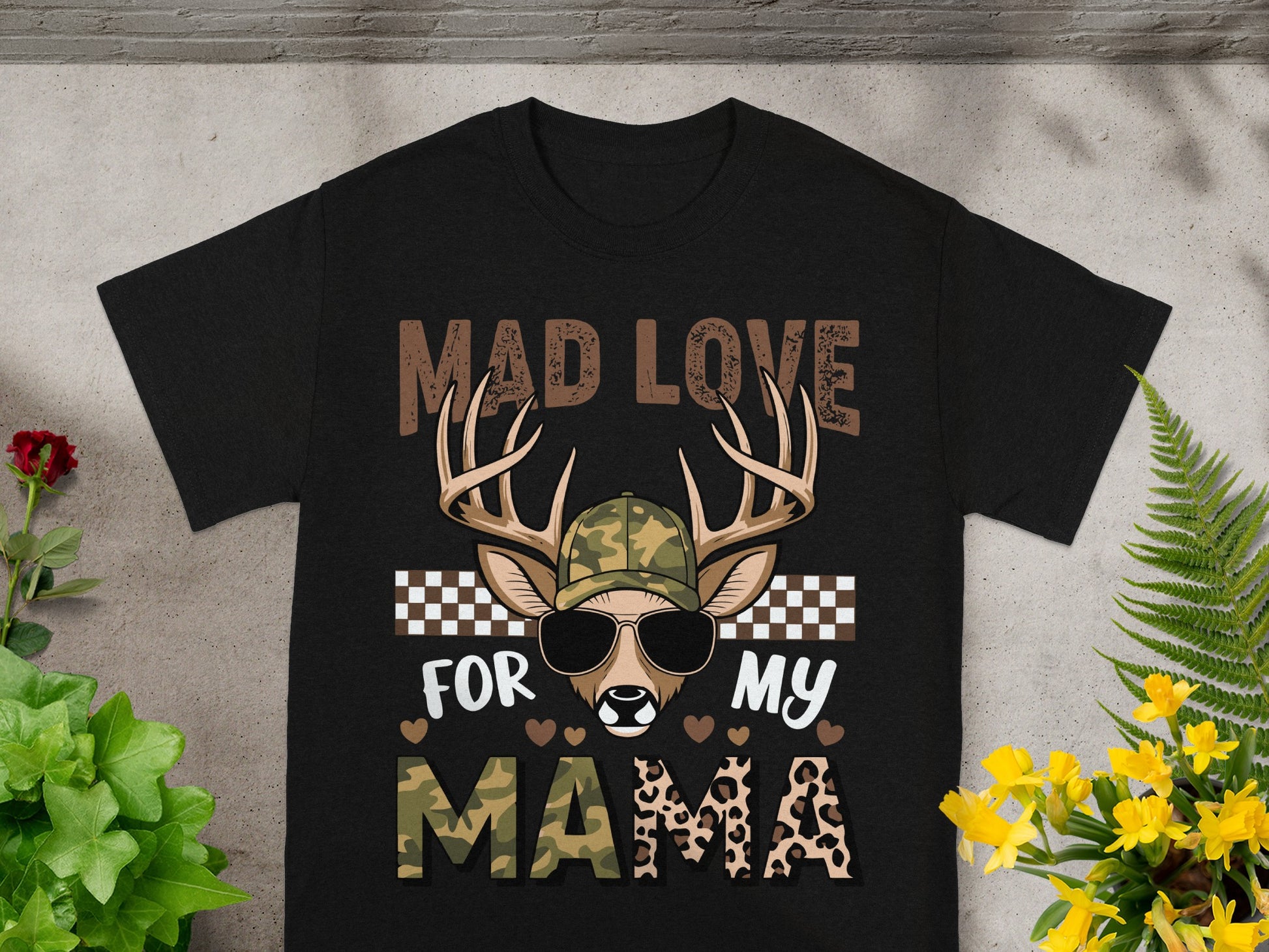 Black t-shirt with deer graphic and text "MAD LOVE FOR MY MAMA".