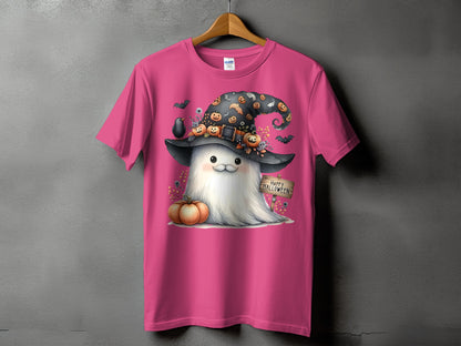Pink t-shirt with a cute ghost wearing a witch hat, pumpkins, and bats.