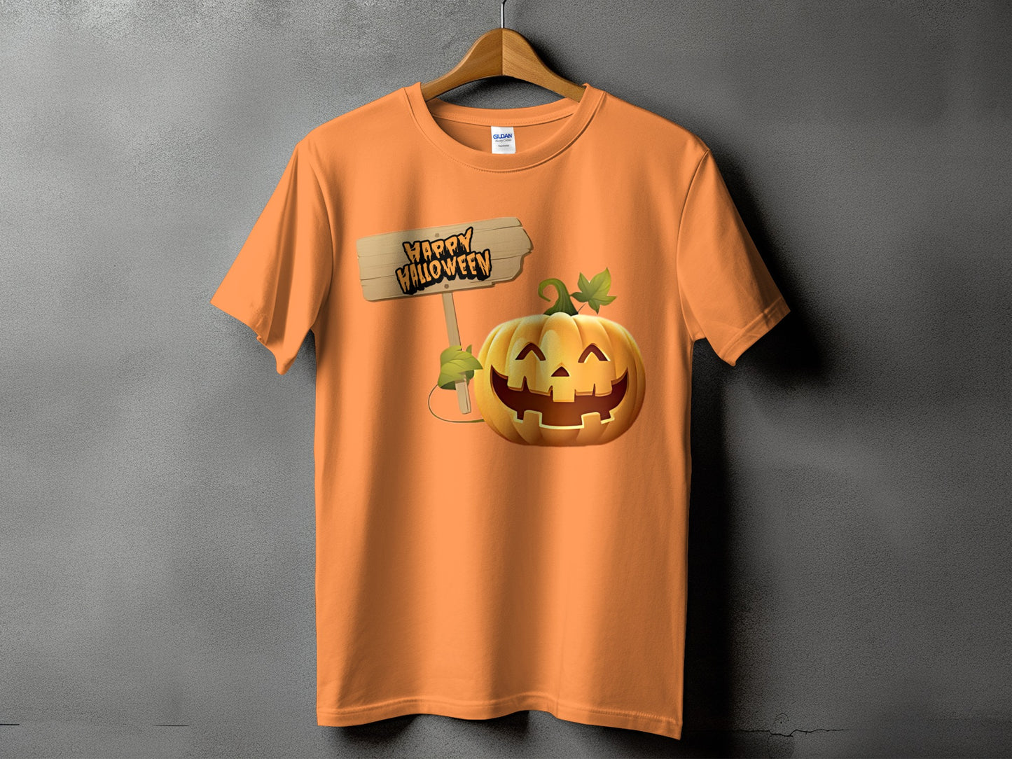 Orange t-shirt with a smiling jack-o'-lantern and "Happy Halloween" sign graphic.