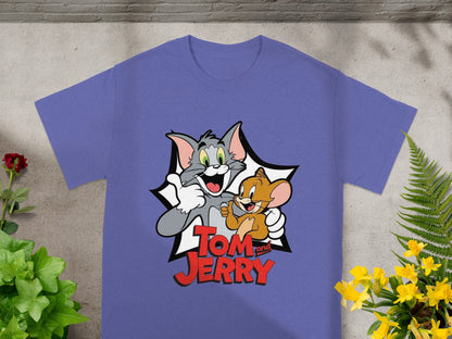 Purple t-shirt featuring cartoon characters Tom and Jerry.