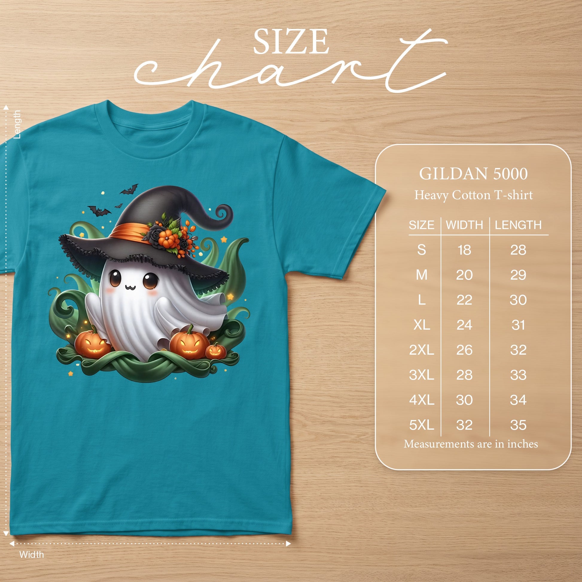Teal t-shirt with cute Halloween ghost graphic and Gildan 5000 size chart.