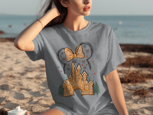 Enchanting Castle with Bow Design on Gray T-Shirt