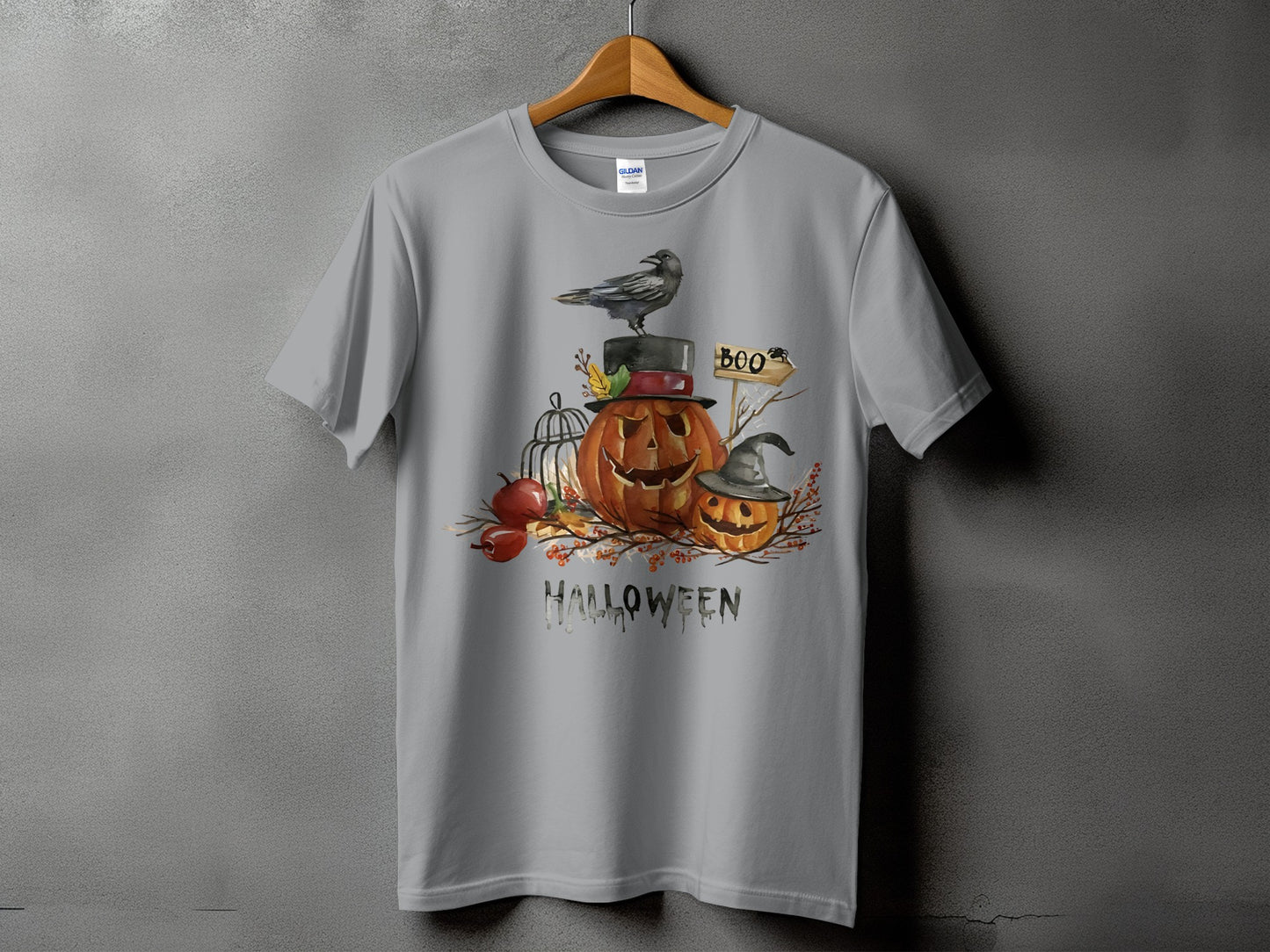 Halloween t-shirt with pumpkins, a crow, and "HALLOWEEN" text.
