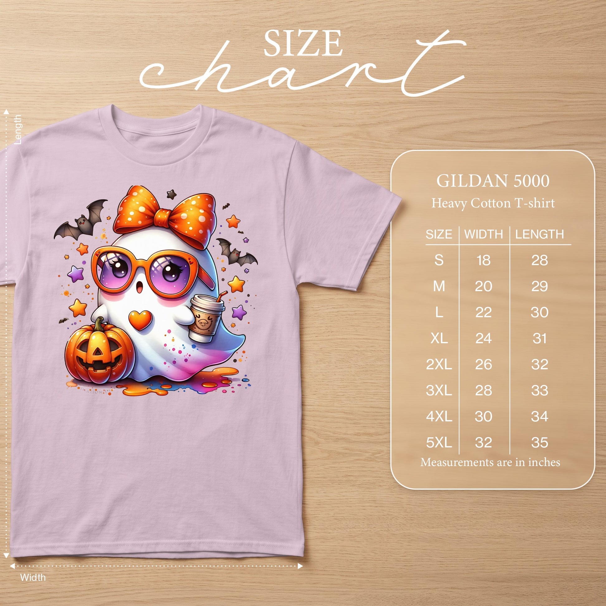 Lilac Gildan 5000 t-shirt with a cute cartoon ghost graphic and size chart.