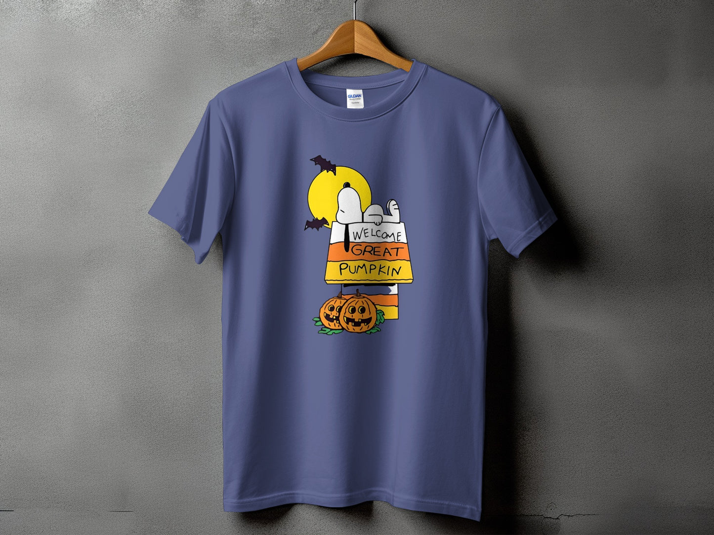 Snoopy on a candy corn bag with "Welcome Great Pumpkin" and two jack-o'-lanterns.