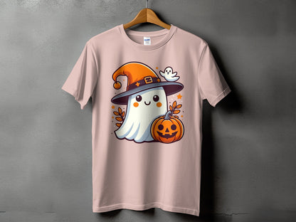 Ghost with witch hat, holding pumpkin and flying with a small ghost.