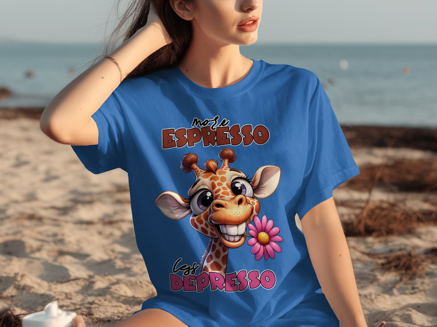 Cute Giraffe Espresso Less Depresso Printed T-shirt
