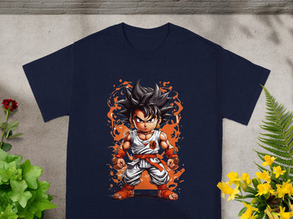 Dark navy t-shirt featuring an illustration of Super Saiyan Goku in battle stance.