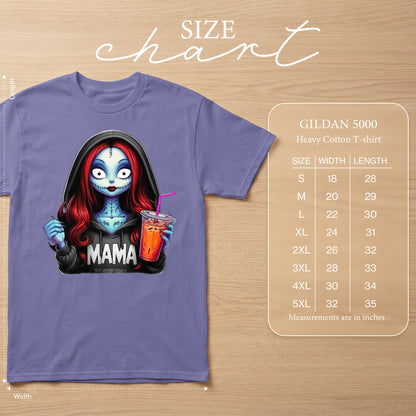 Purple t-shirt with "Mama" in gothic font and a character holding a drink.