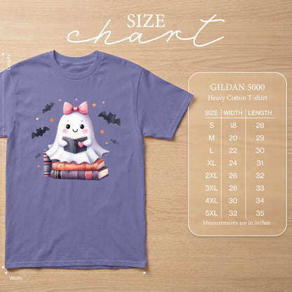 Ghost reading a book on a stack of books, with bats and stars. Size chart for Gildan 5000.