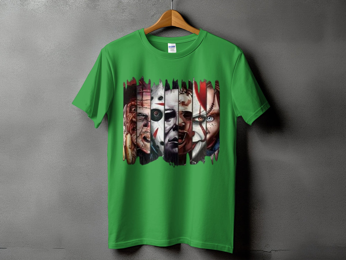 Green t-shirt featuring a collage of horror movie villains on the chest.