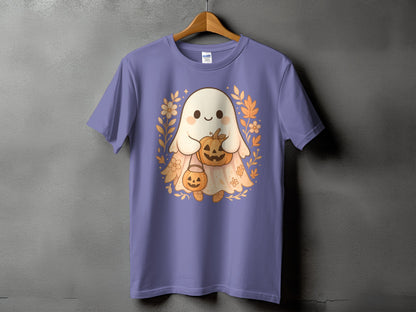 Purple t-shirt with a cute ghost holding a pumpkin, surrounded by fall leaves.