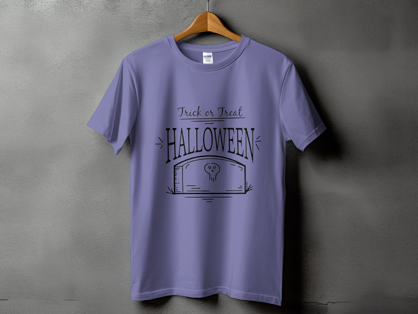 Purple t-shirt with "Trick or Treat HALLOWEEN" and a tombstone graphic.