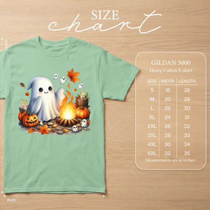 Mint green t-shirt with a cute ghost and campfire Halloween graphic and Gildan 5000 size chart.
