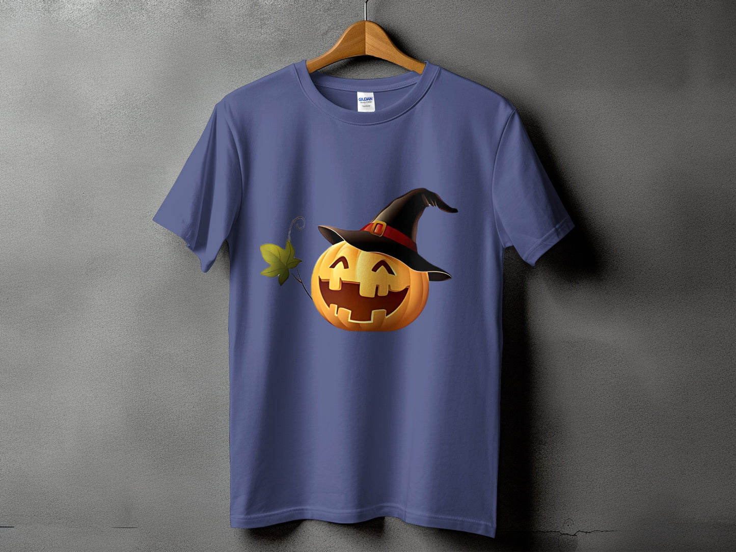 Purple t-shirt with a grinning jack-o'-lantern wearing a witch hat graphic.