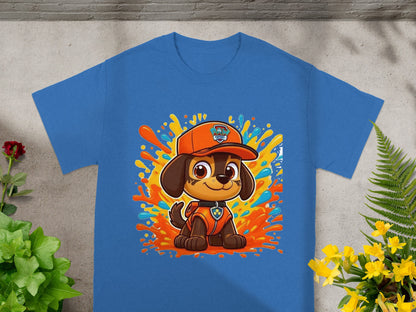 Blue t-shirt with Chase from Paw Patrol graphic and colorful splatters.