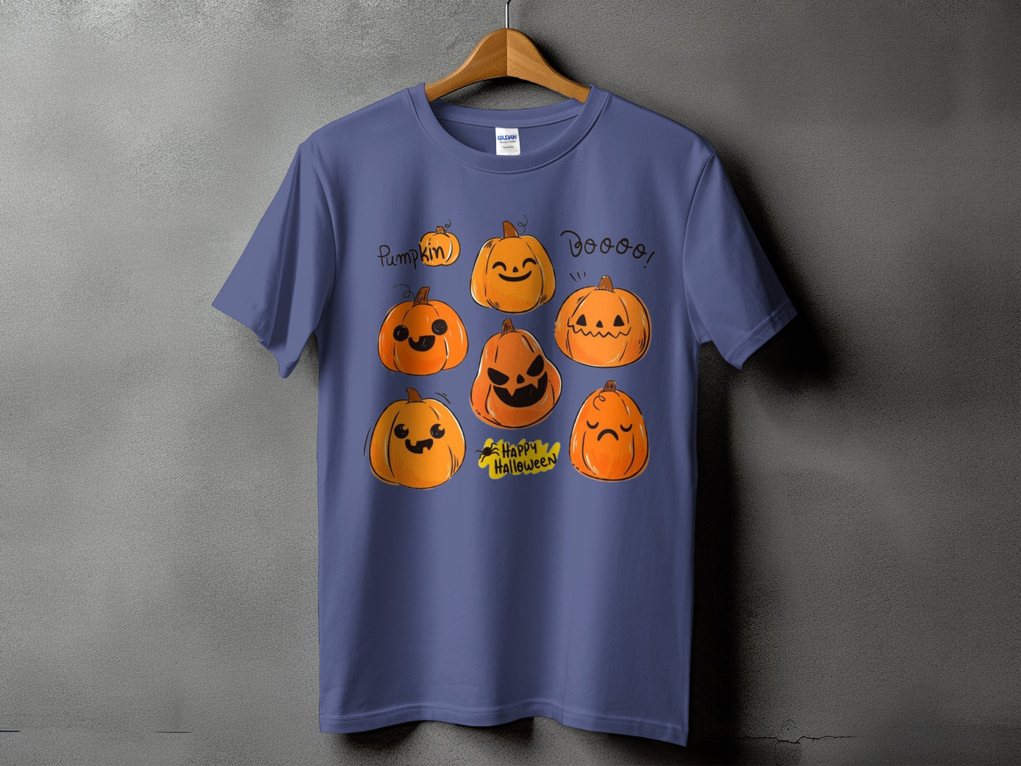 T-shirt with cartoon pumpkins and "Pumpkin" and "Happy Halloween" text.