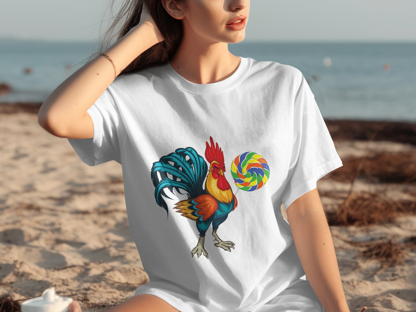 Colorful Rooster with Candy Lollipop Graphic T-Shirt