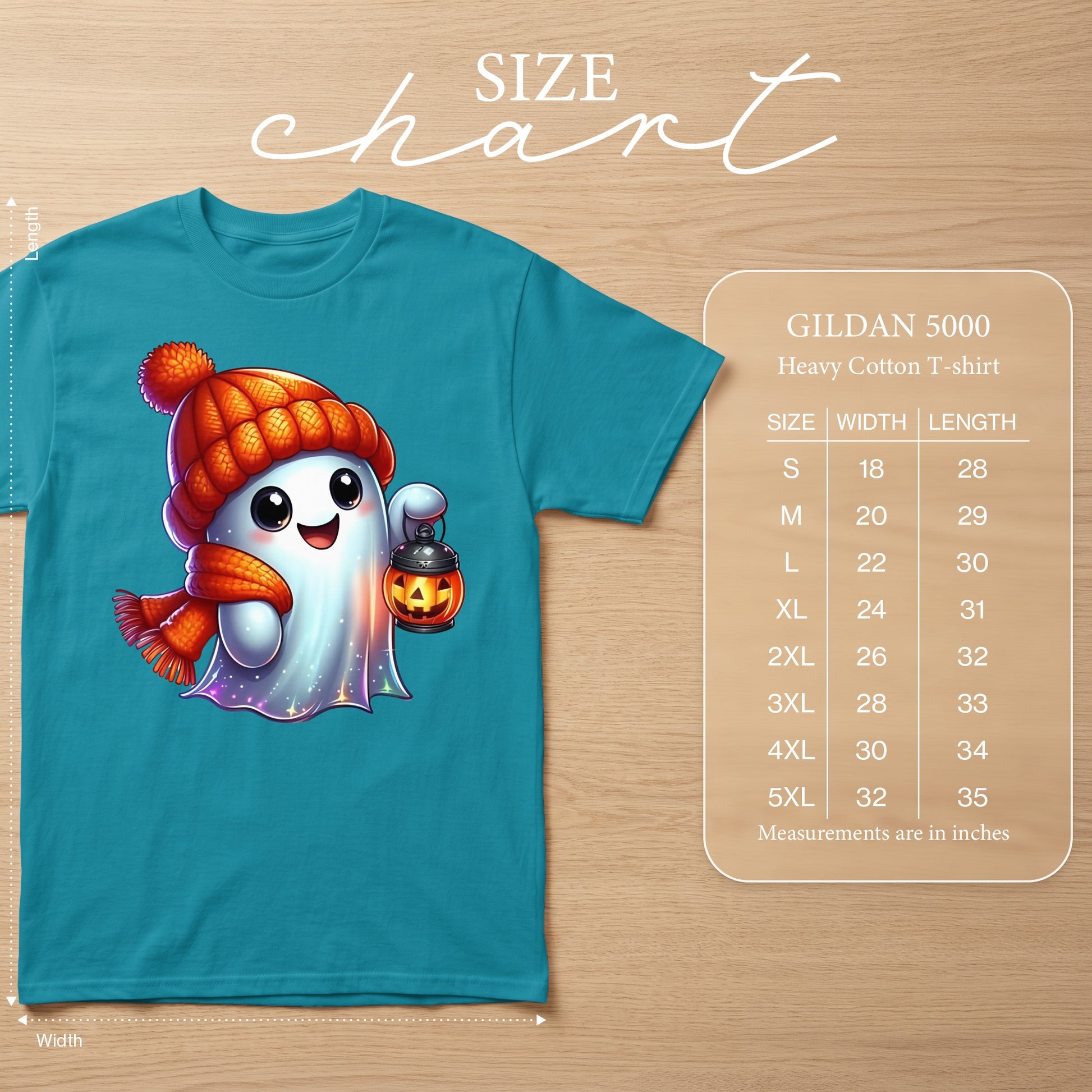 Teal Gildan 5000 t-shirt with a cute ghost graphic and size chart.
