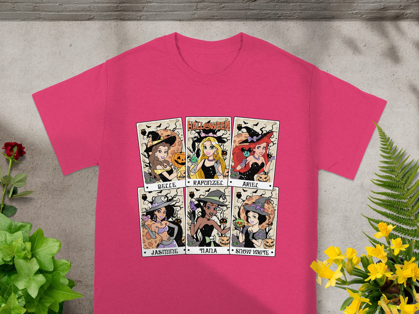 Disney princesses dressed as witches in Halloween-themed cards: Belle, Rapunzel, Ariel, Jasmine, Tiana, Snow White.