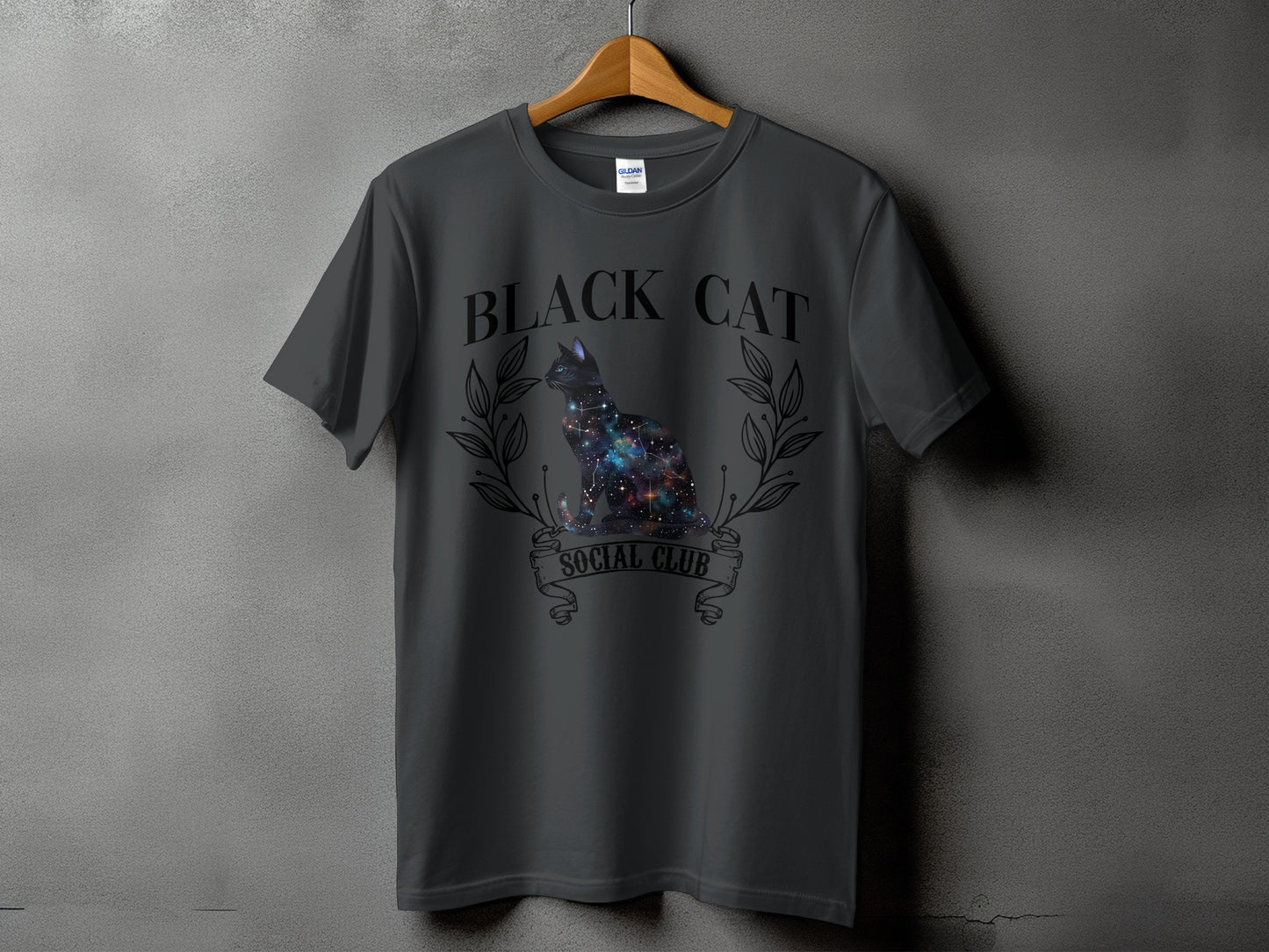 Grey t-shirt with galaxy cat graphic and "BLACK CAT SOCIAL CLUB" text.