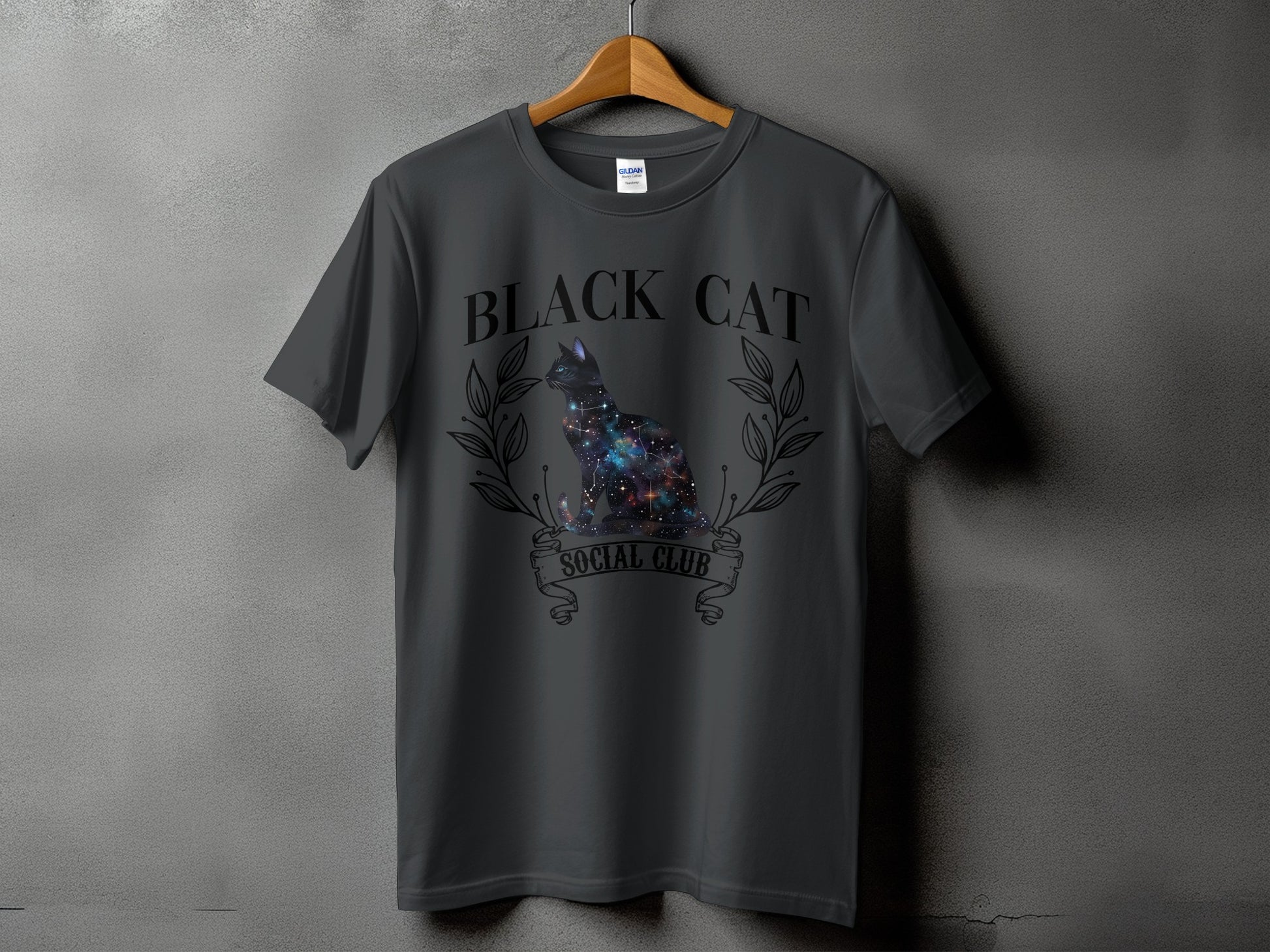 Grey t-shirt with galaxy cat graphic and "BLACK CAT SOCIAL CLUB" text.