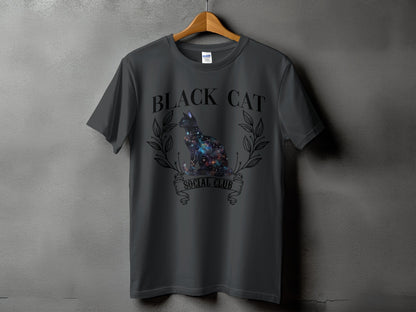 Grey t-shirt with galaxy cat graphic and "BLACK CAT SOCIAL CLUB" text.