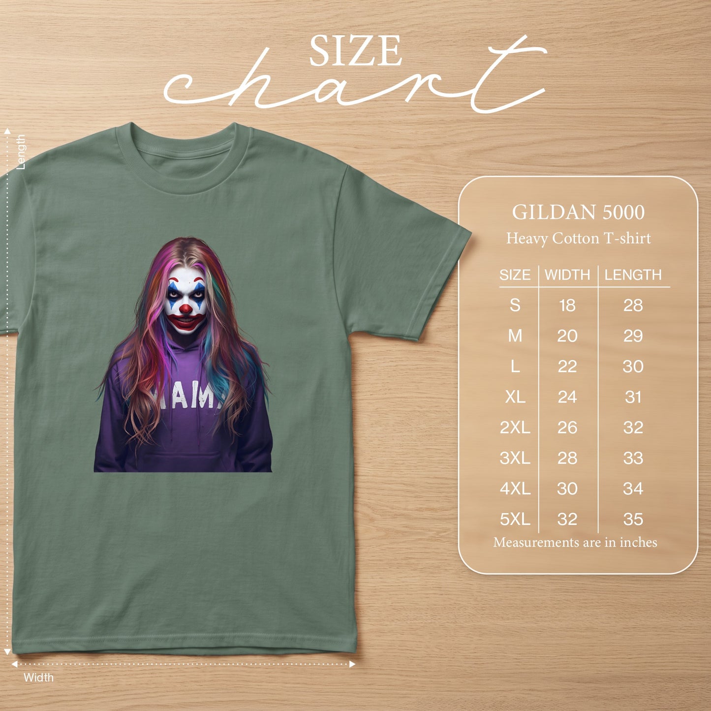 Gildan 5000 Heavy Cotton T-shirt with clown graphic and size chart.