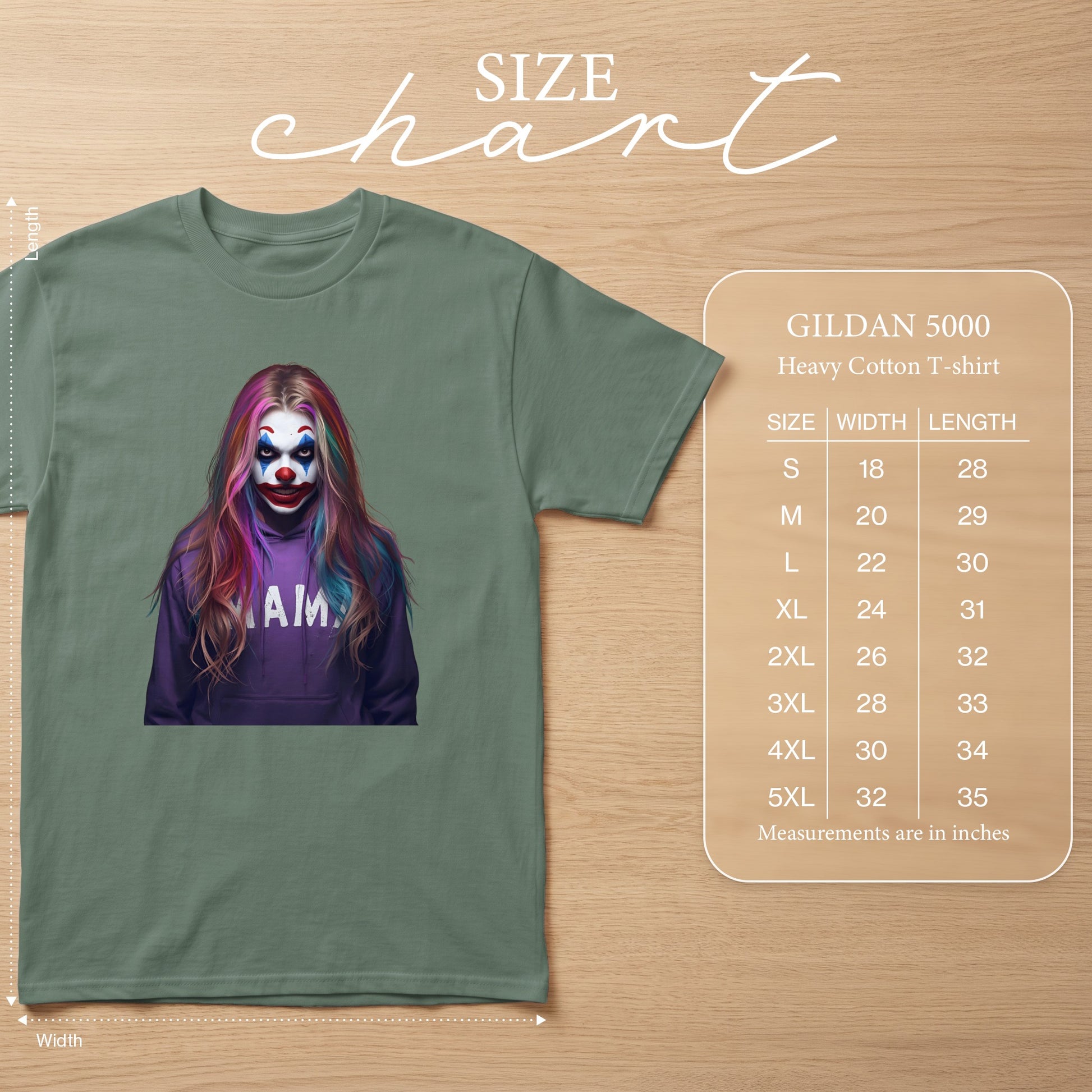 Gildan 5000 Heavy Cotton T-shirt with clown graphic and size chart.