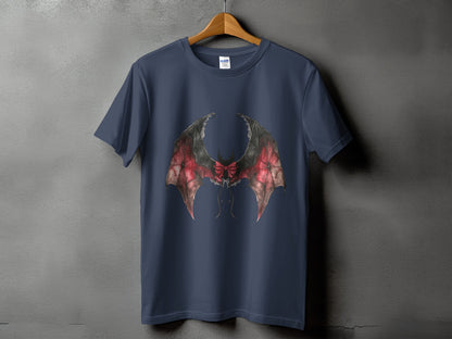 Dark blue t-shirt with red and black bat wings and bow graphic design.