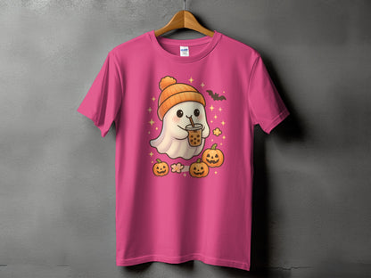 Pink t-shirt with a cute ghost holding boba tea and surrounded by pumpkins.