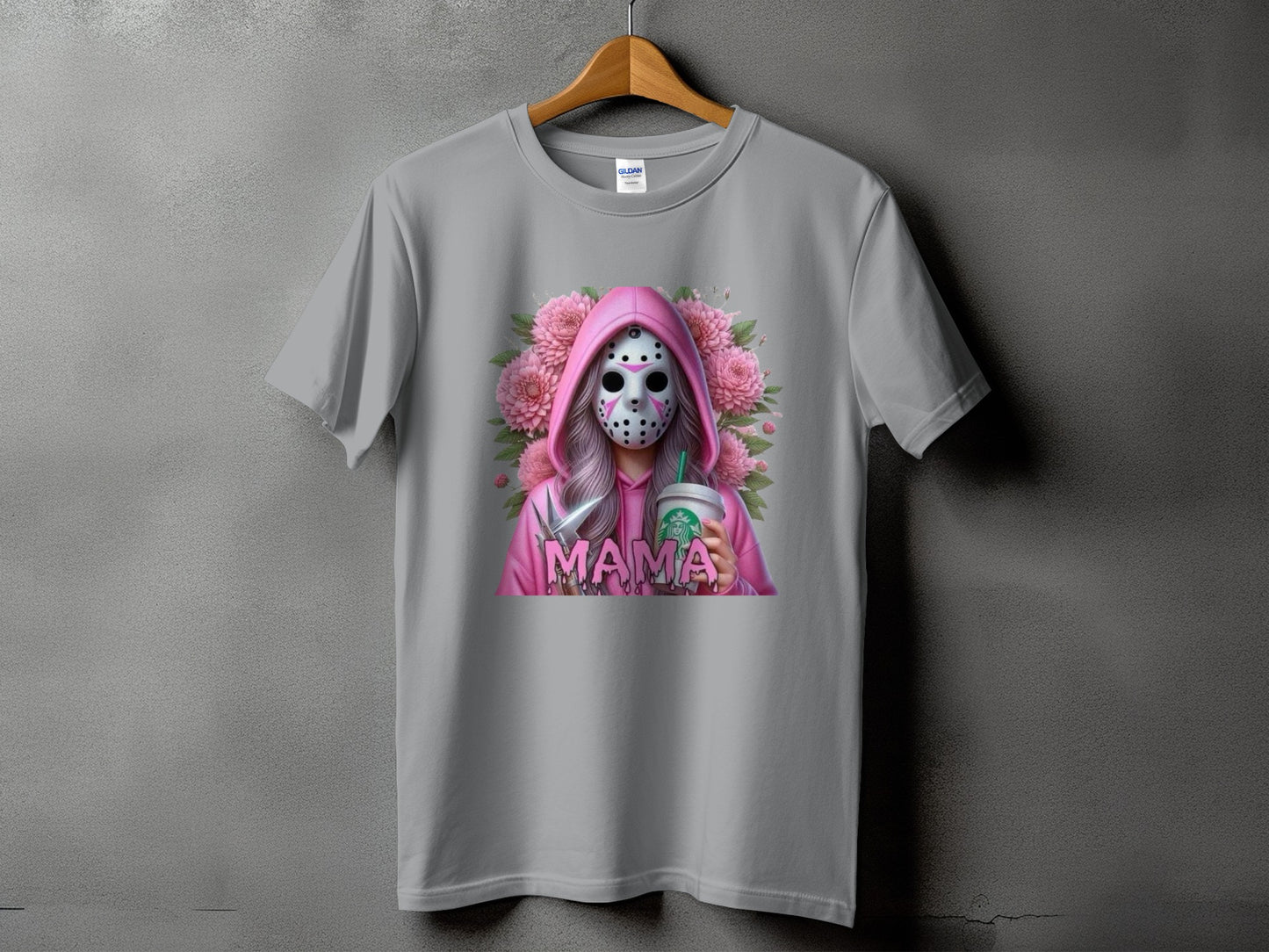 Grey t-shirt with graphic of a person in a hockey mask and pink hoodie holding Starbucks cup.