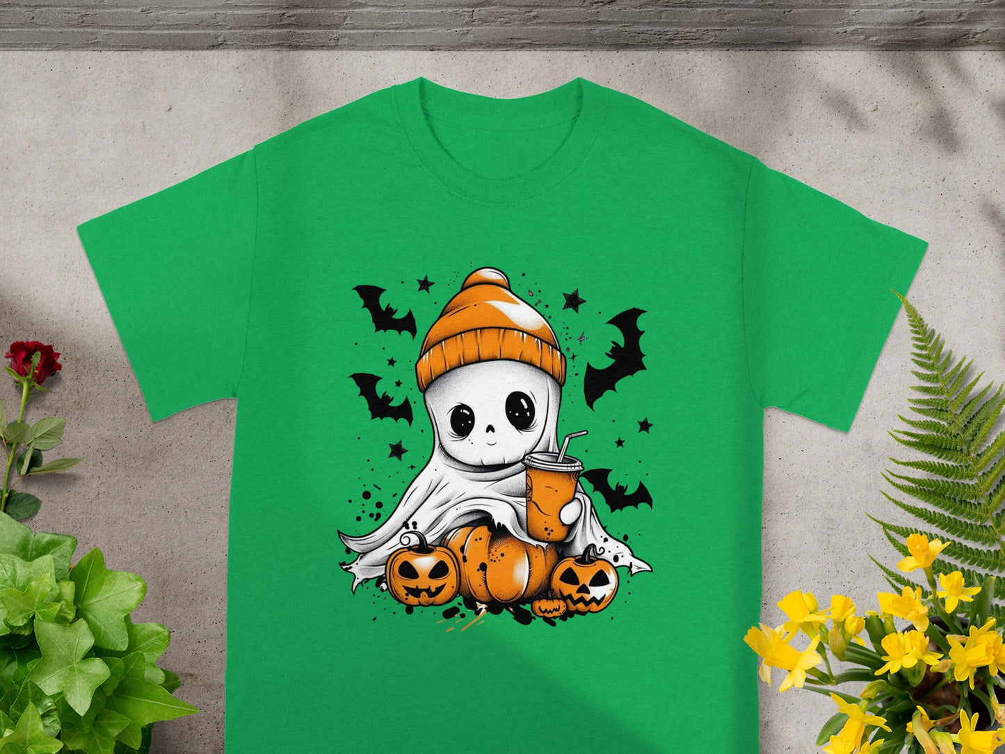 Cartoon ghost with orange beanie and drink, surrounded by pumpkins and bats.