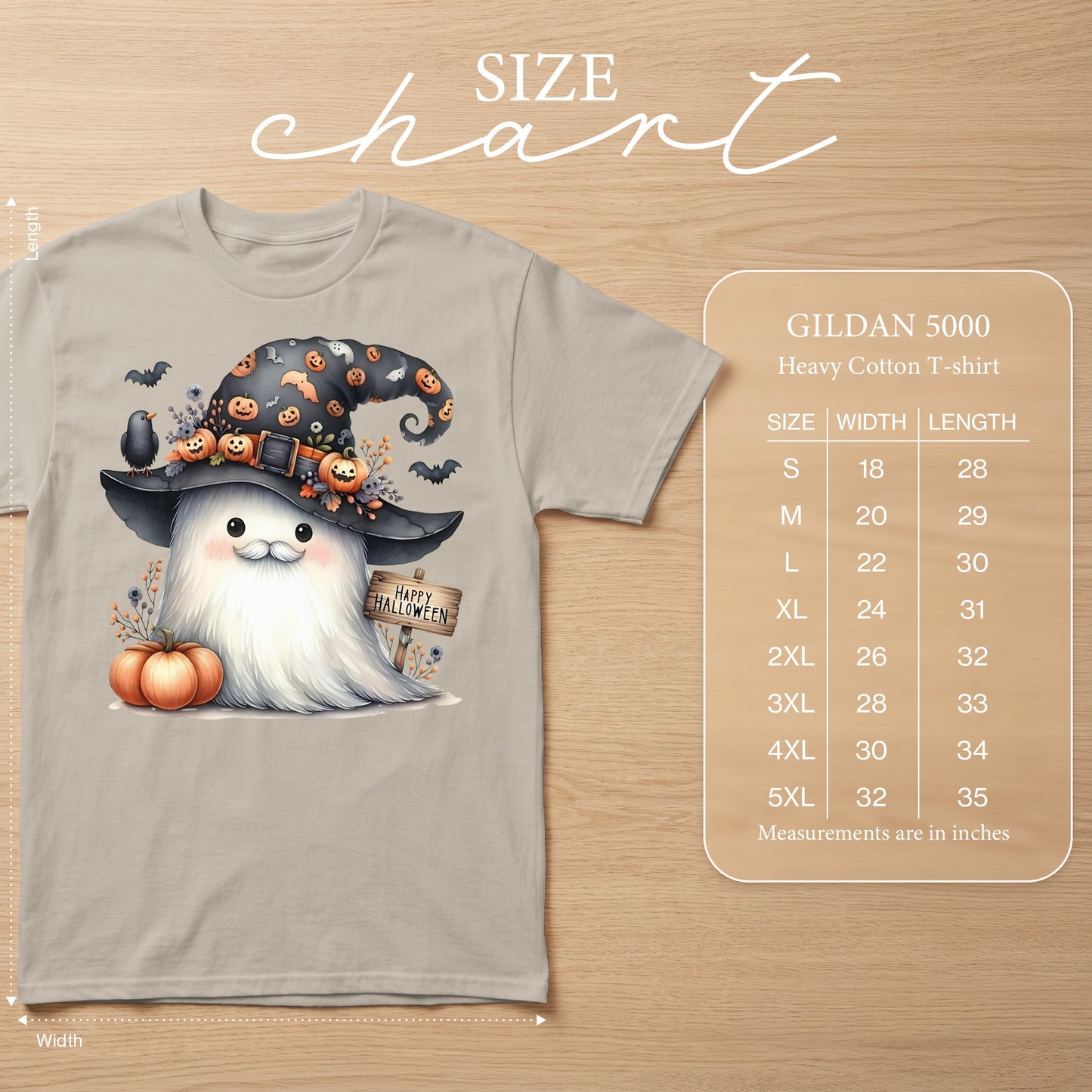 T-shirt featuring a cartoon ghost in a witch hat with pumpkins and bats, and a size chart.