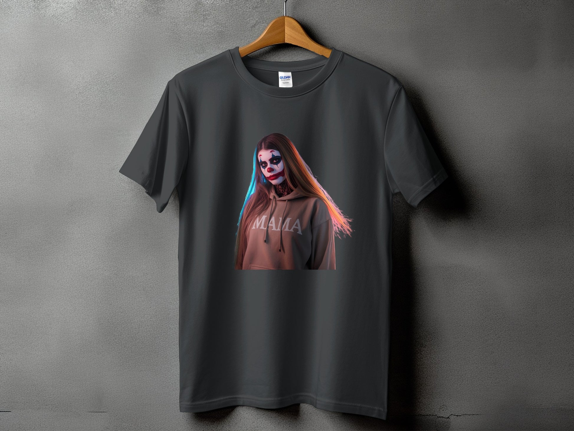Dark gray t-shirt with clown makeup and "MAMA" graphic on hoodie.