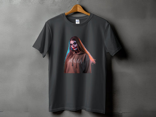 Dark gray t-shirt with clown makeup and "MAMA" graphic on hoodie.