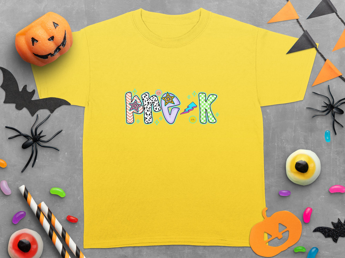 Yellow t-shirt with "Pre-K" text in a fun, colorful Halloween-themed font.