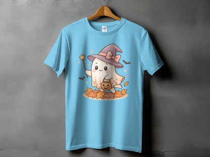 Light blue t-shirt with a cute ghost wearing a witch hat holding a pumpkin.